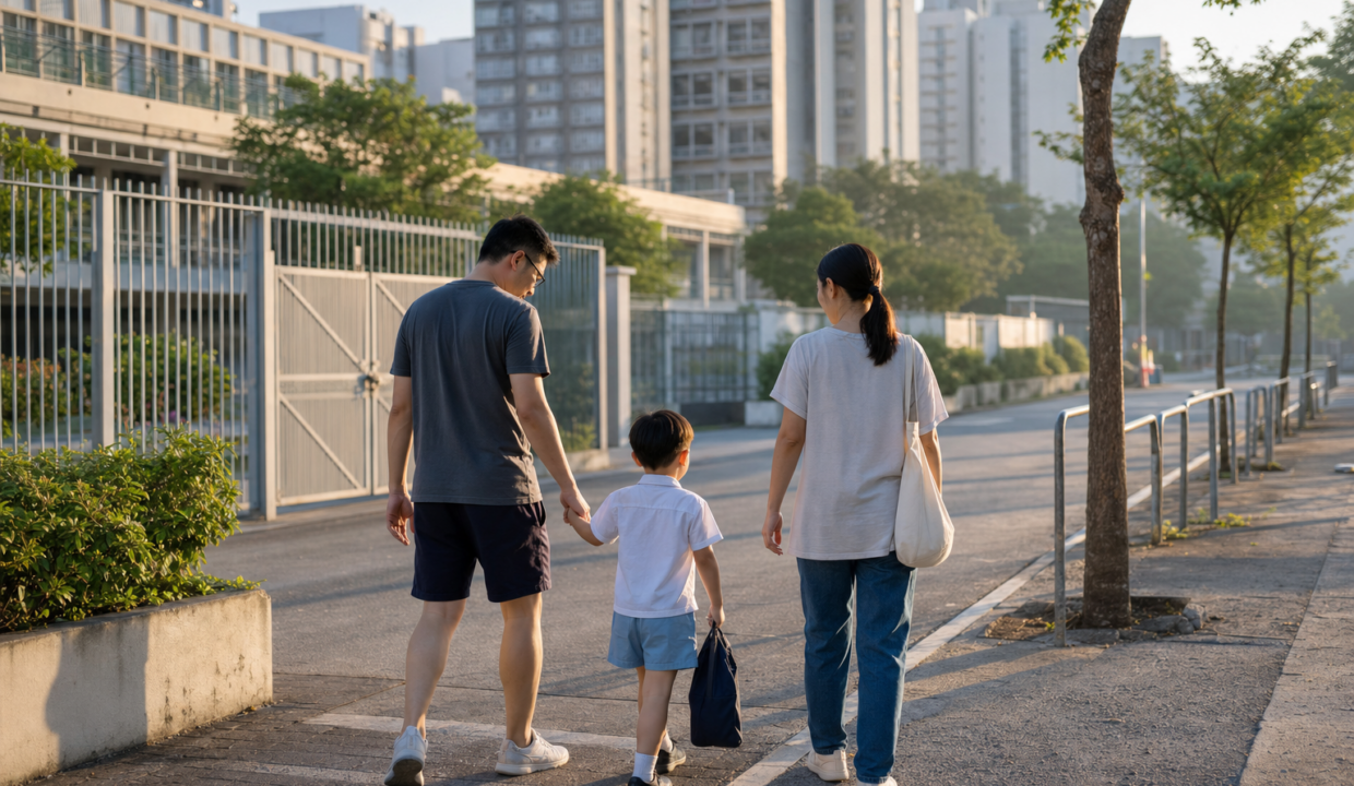 東涌住宅區旁一家人步行上學