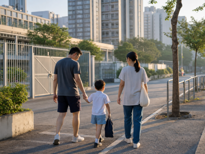 東涌住宅區旁一家人步行上學